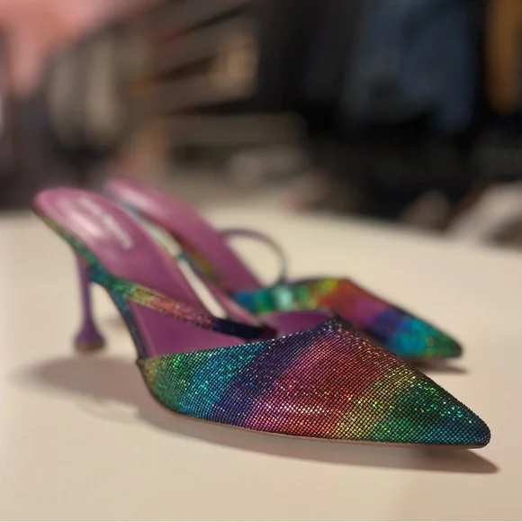 Marc Fisher Heeled Mules Sandals Pointed Toe Metallic Rainbow Colors 9.5M Hadais - Picture 3 of 7